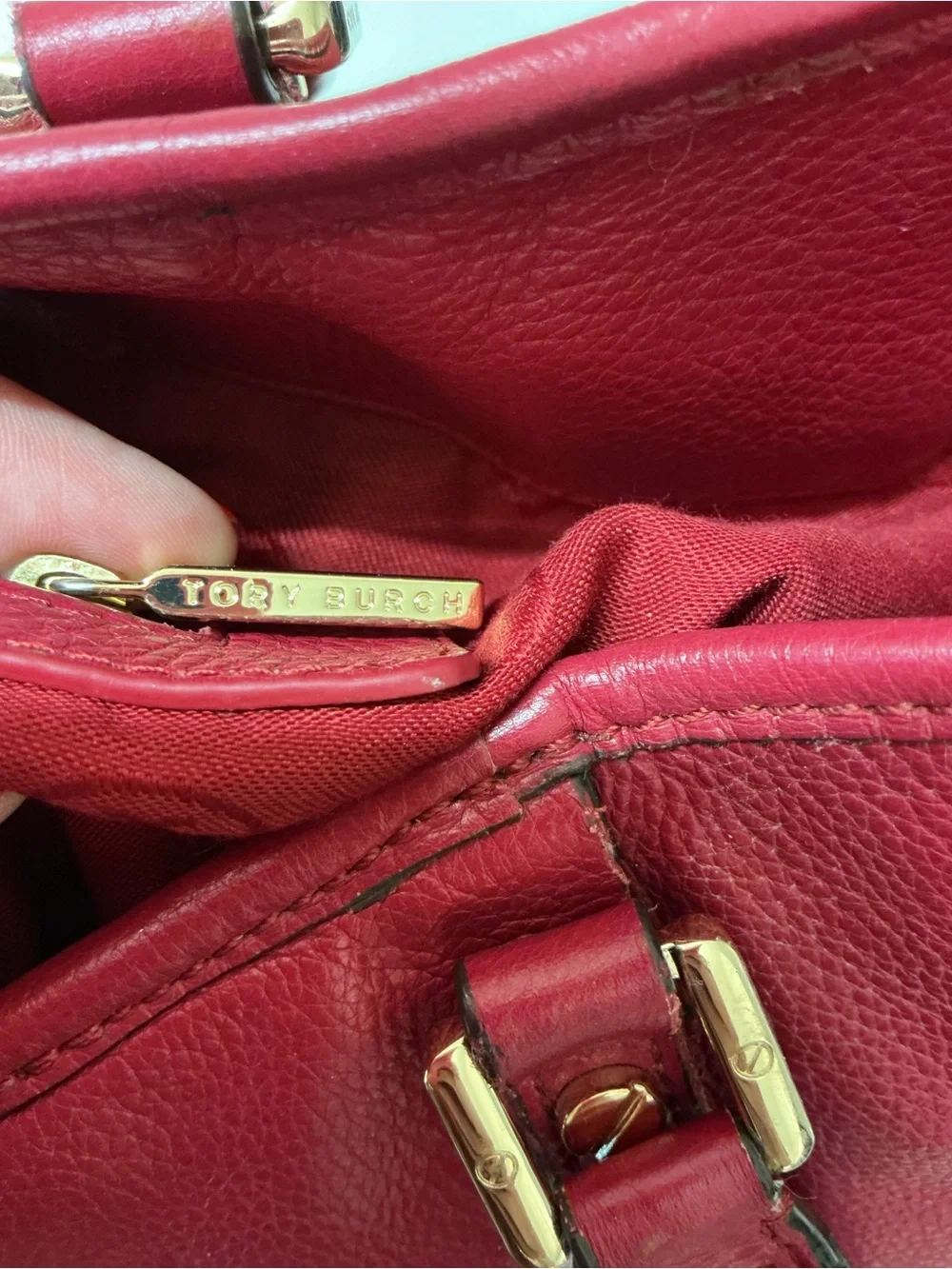 Tory Burch Amanda Pebbled Leather Red Raspberry crossbody tote bag